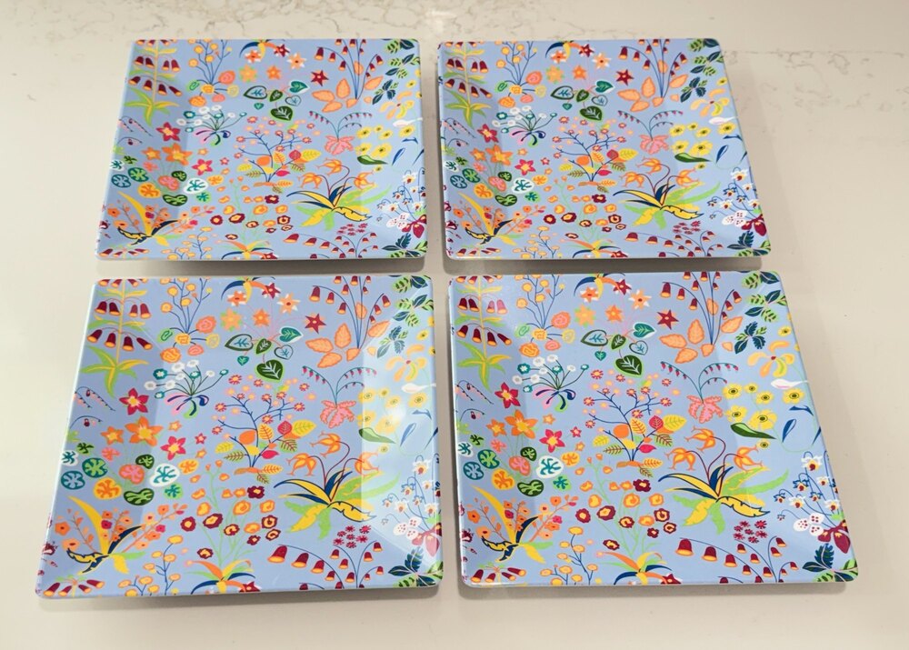 Swell Cynthia Rowley Melamine Square Salad Plates Set 4 Floral Blue 8" Folk Art